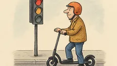 Witz: Ein Mann steht mit seinem Roller