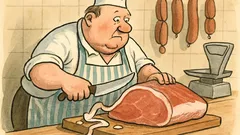 Witz: Der Fett-vom-Fleisch-Abschneider betritt die Metzgerei