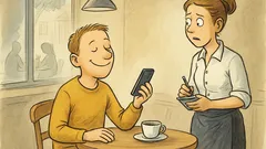 Witz: Ein ESP-Benutzer sitzt im Café grinsend