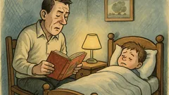 Witz: Mit Märchenbuch sitzt Papa am Kinderbett
