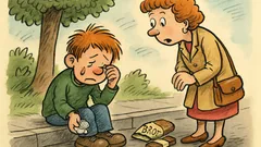 Witz: Traurig sitzt ein Junge am Straßenrand