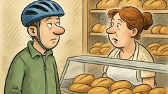 Witz: Ein Mann mit Fahrradhelm beim Bäcker