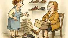 Witz: „Dieser Schuh passt!“ im Schuhgeschäft