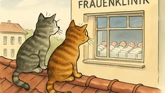 Witz: Sitzen zwei Miezekatzen auf dem Dachfirst