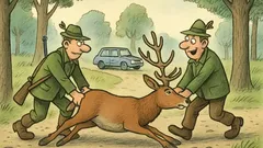 Witz: Zwei Jäger ziehen einen Hirsch zum Auto