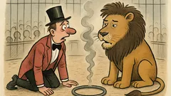 Witz: Dompteur kniet verzweifelt vor dem Löwen