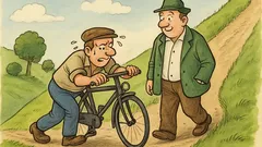 Witz: Ein Mann schiebt keuchend sein Fahrrad bergauf