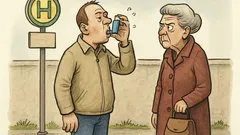 Witz: Mann mit Asthma-Spray an Bushaltestelle