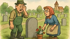 Witz: Bauer steht vor einem Grab